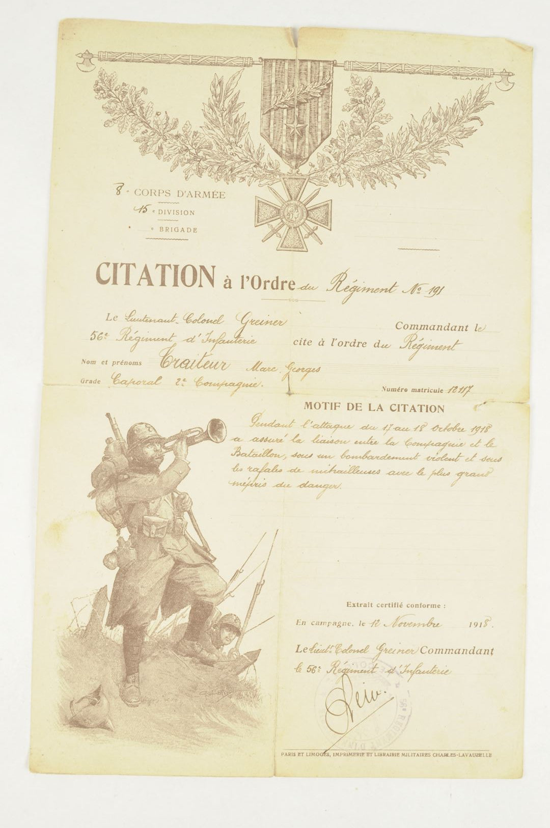 Souvenirs du soldat TRAITEUR 56ième RI / Casque et documents