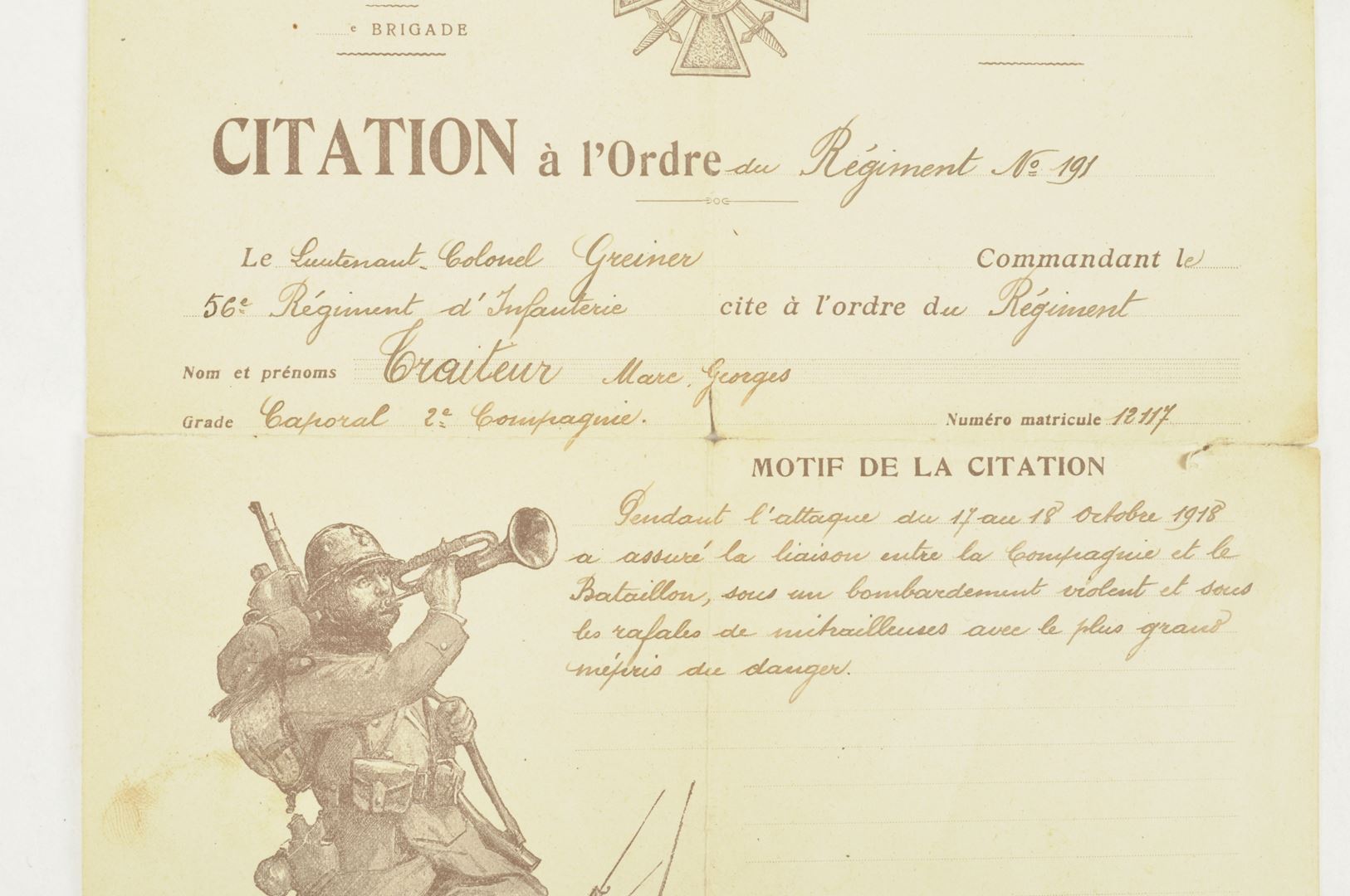 Souvenirs du soldat TRAITEUR 56ième RI / Casque et documents