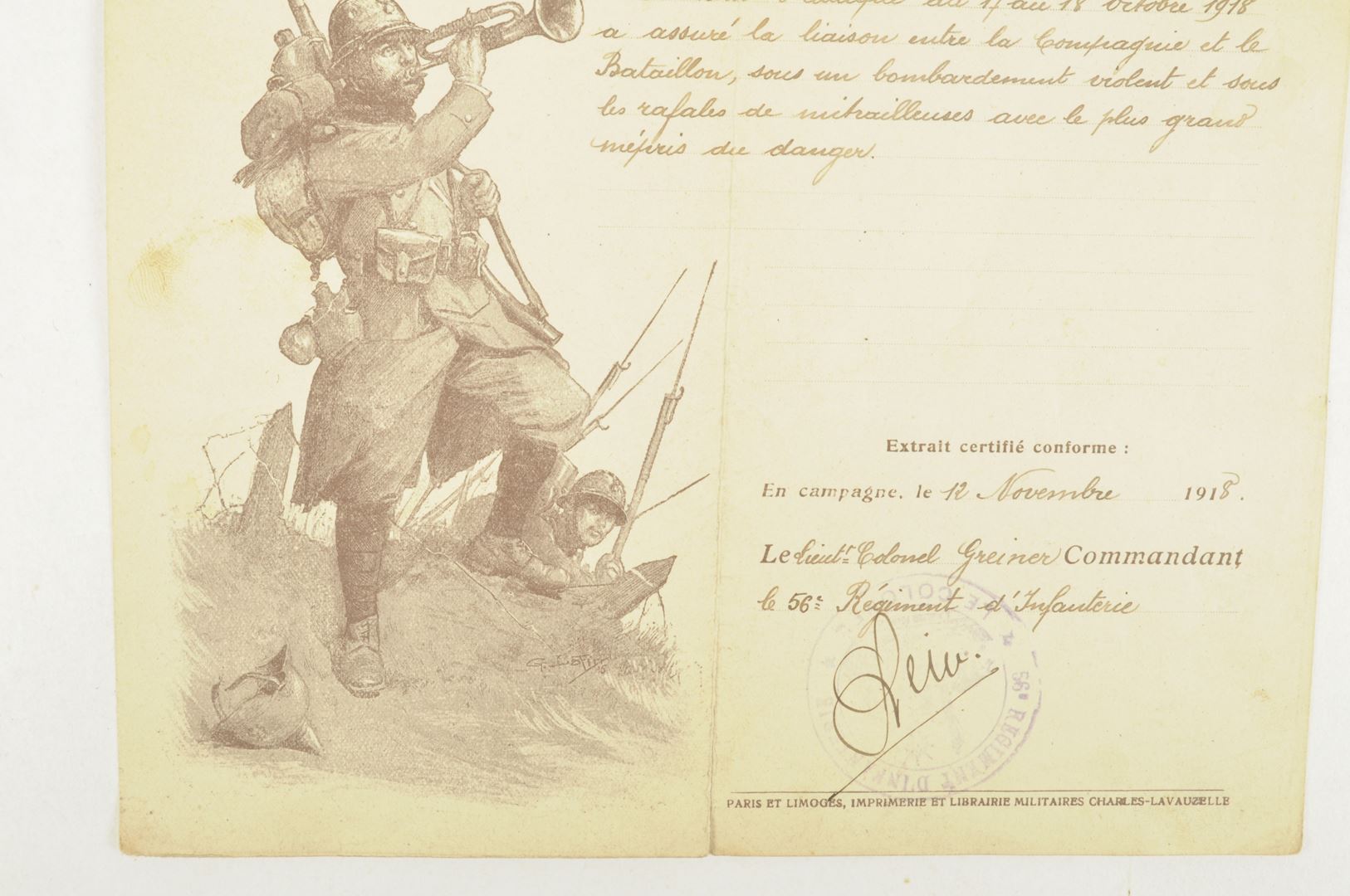 Souvenirs du soldat TRAITEUR 56ième RI / Casque et documents