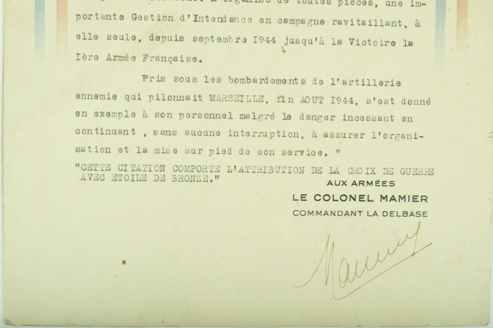 Citation 1ière Armée / Combats de Marseille 1944