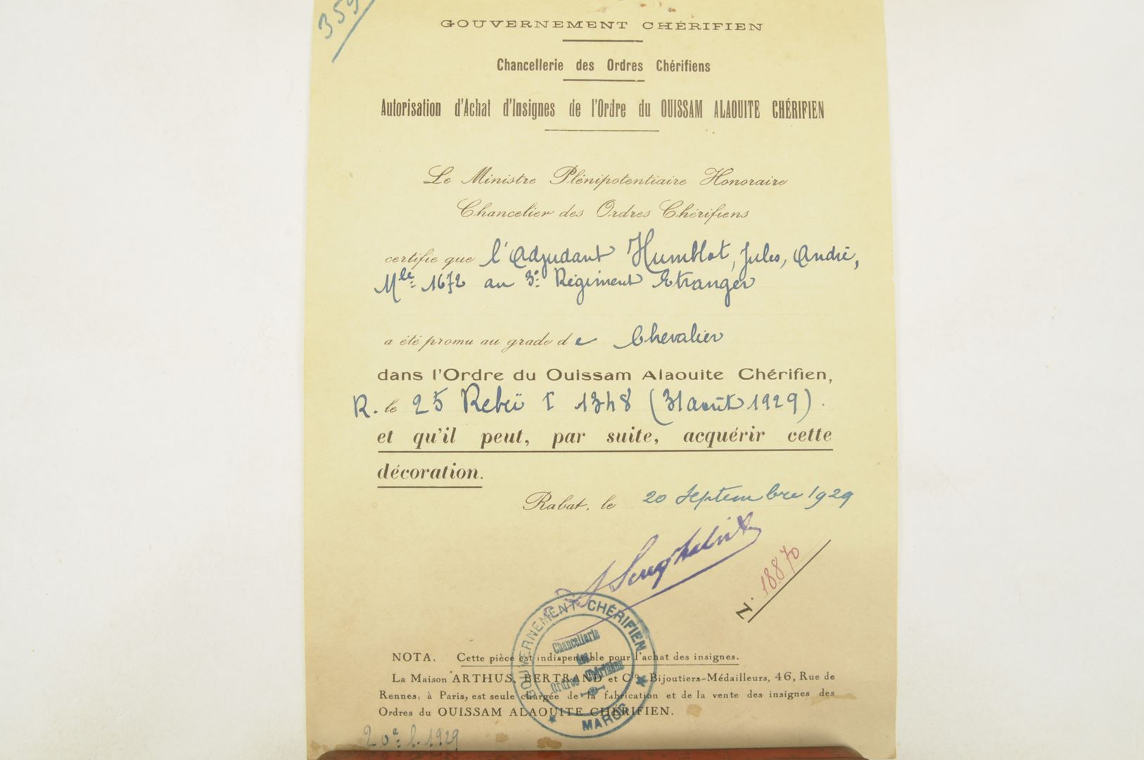 Ensemble diplômes et médailles 3 REI / Campagne du Maroc