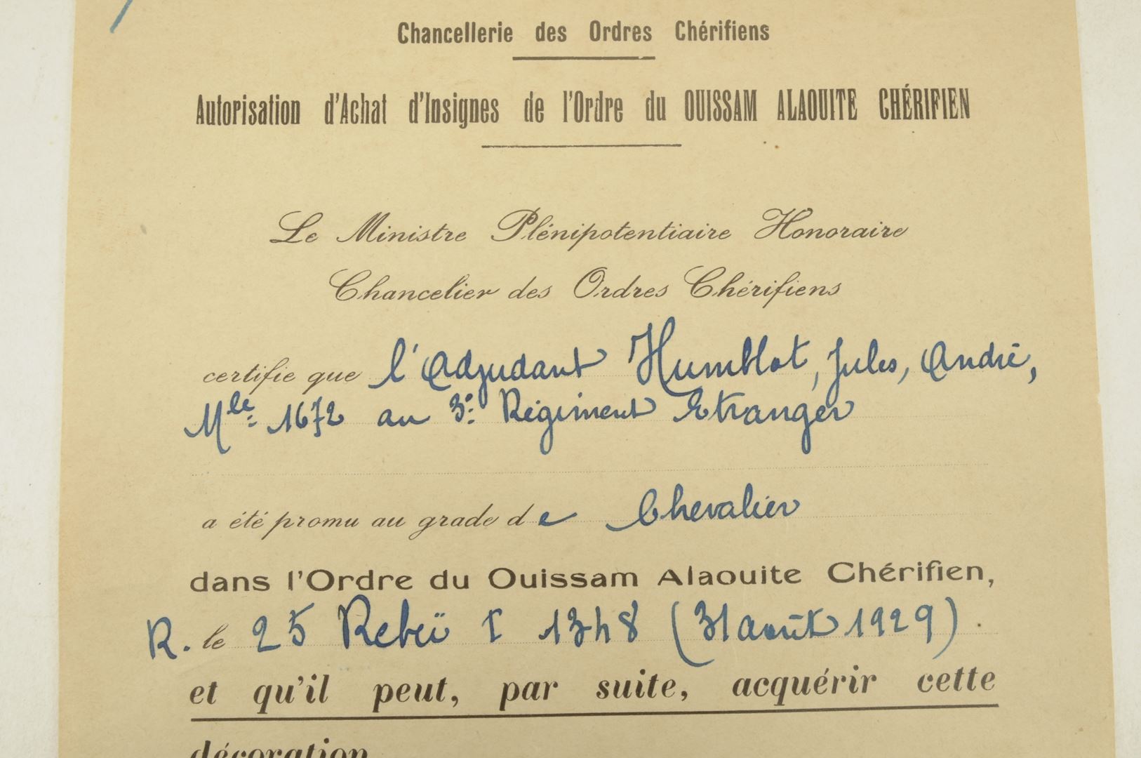 Ensemble diplômes et médailles 3 REI / Campagne du Maroc