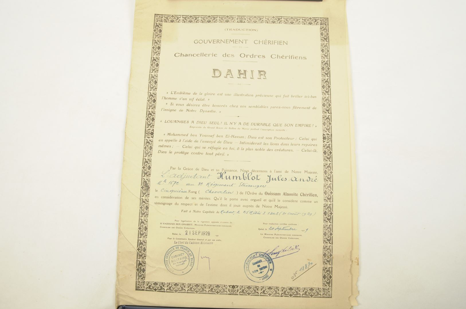 Ensemble diplômes et médailles 3 REI / Campagne du Maroc