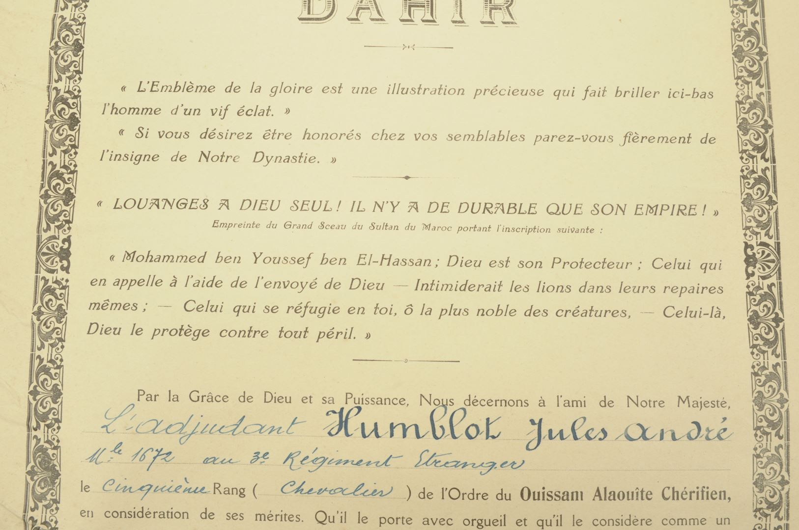 Ensemble diplômes et médailles 3 REI / Campagne du Maroc