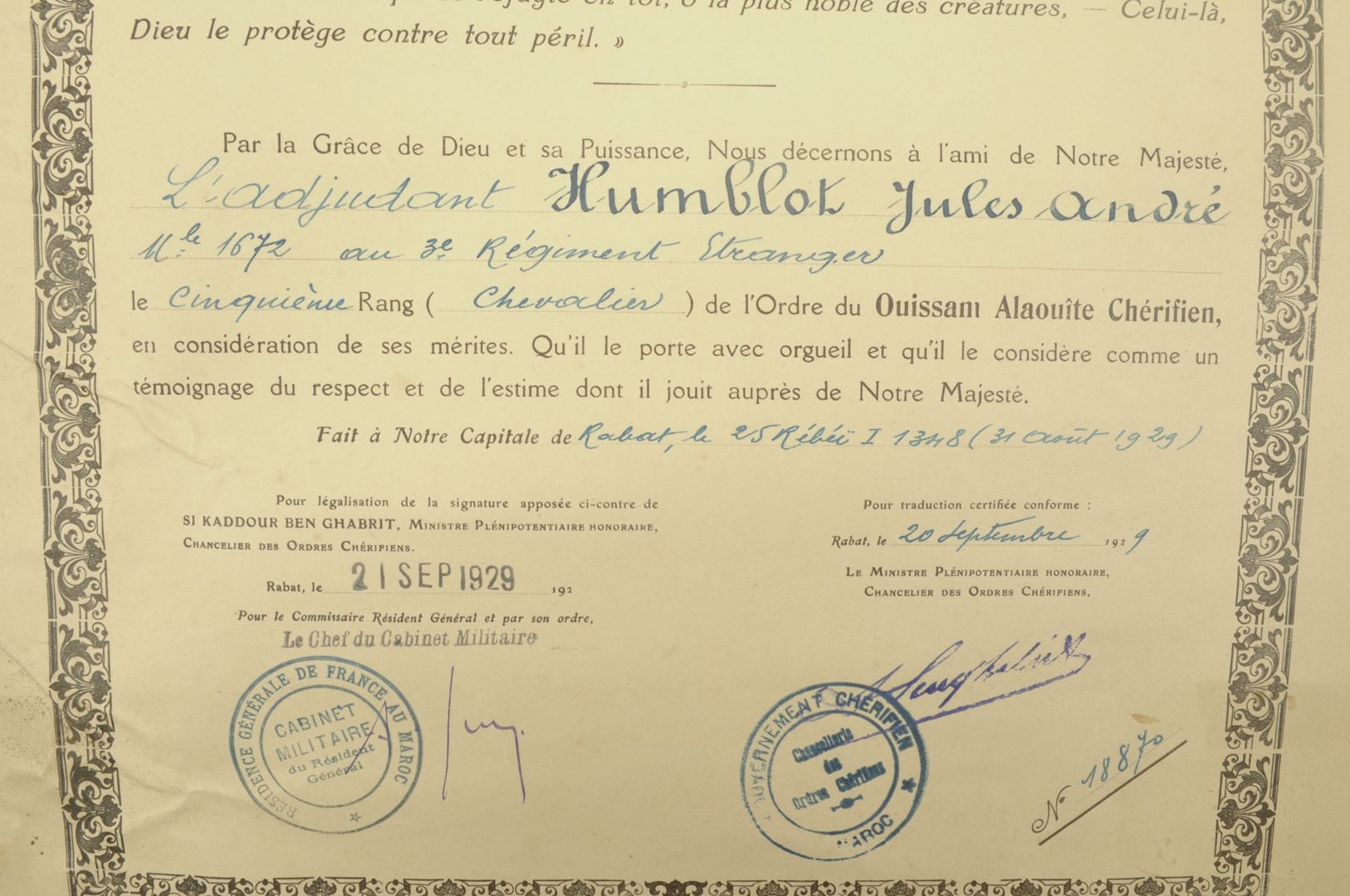 Ensemble diplômes et médailles 3 REI / Campagne du Maroc