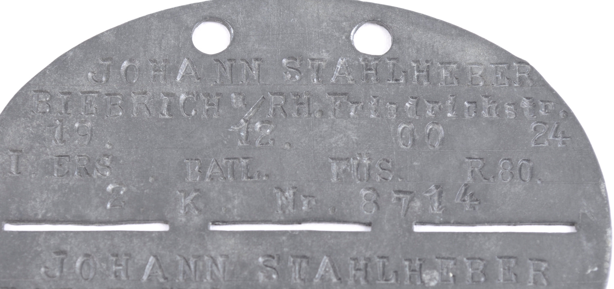 Plaque d'identité allemande première guerre I.ERS.BATL.FÜS.R80 2.K.Nr.8714